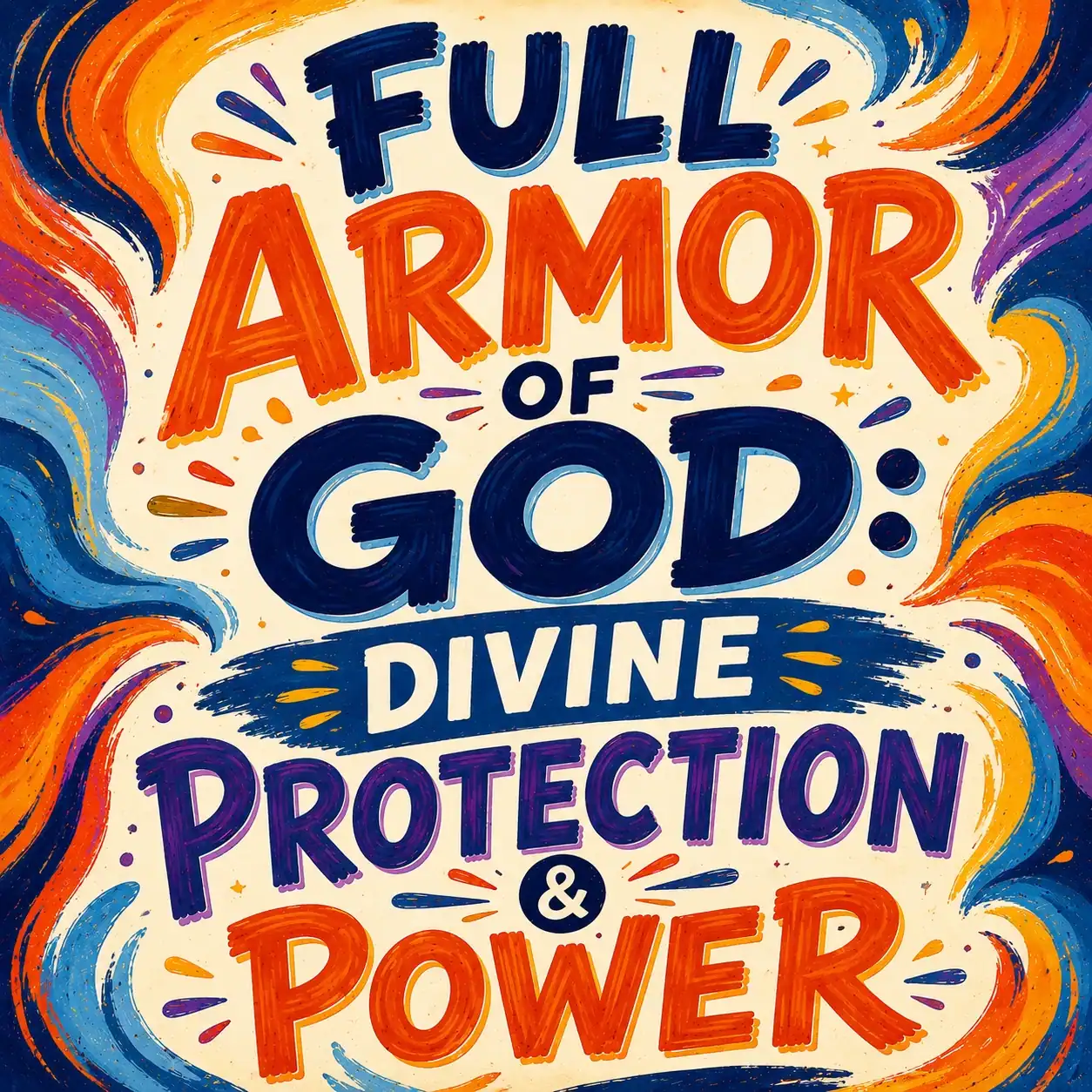 Vibrant, thematic, hand-drawn podcast-style artwork for “The Full Armor of God” episode, bold playful hand-lettered title in thick rounded strokes with slight cartoonish bounce, soft golden light and simple armor motifs.